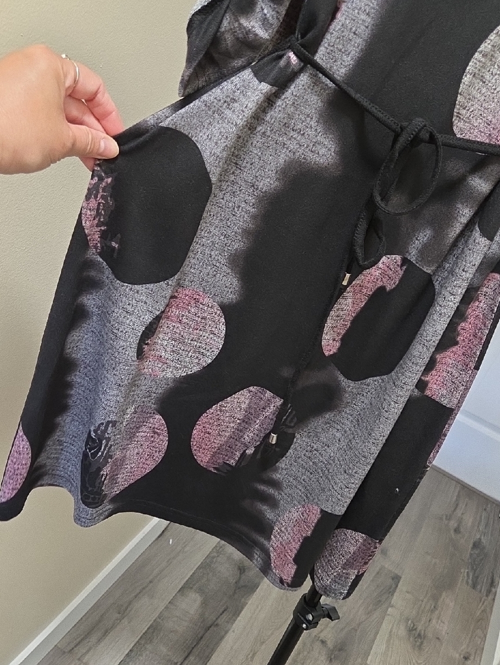NWT Tango Mango Black & Pink Polka Dot Zip-Front Knit Dress 3/4 Sleeve Tie Waist - Picture 6 of 9